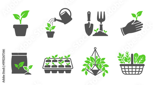 Gardening Icons Set - Plant Care, Tools and Growing Elements Collection