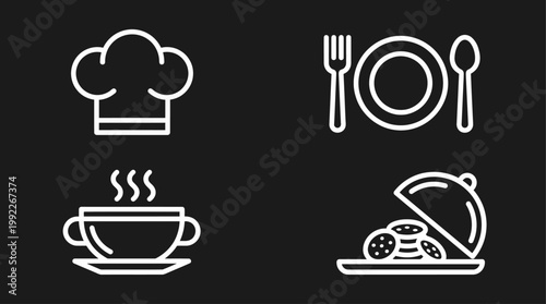 Restaurant and Culinary Icons Set - Chef Hat, Cutlery, Coffee and Serving Dish