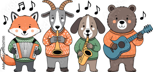Cute Animal Band Line Art Illustration Set  Fox, Goat, Dog, and Bear Music Characters