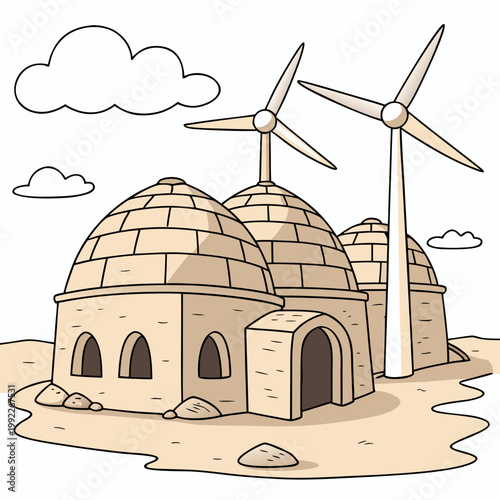 A vector illustration of traditional igloos with modern wind turbines in a desert landscape