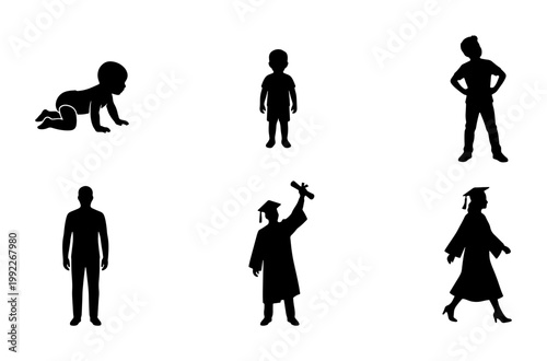 Human life cycle silhouettes, set of 6 vector icons showing growth from baby to graduate, male and female aging process stages
