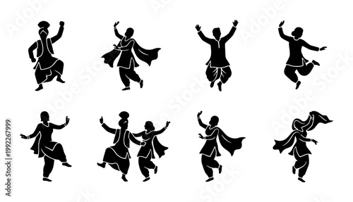 Bhangra dance silhouettes set, traditional Punjabi folk dancers in ethnic costumes, Indian cultural celebration vector icons, 8 black figures