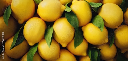 The Lemons Pile of Fresh Yellow Citrus With Glossy Skin and Green Leaves
