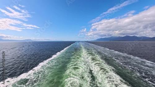 August 13, 2024 - Tracy Arm, USA - Cruise Ship wake in the Tracy Arm fjord, Alaska, leaving a frothy trail behind along pristine waters with mountains in the distance.