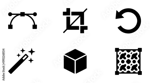 Graphic design tool icons set, black vector editing symbols, creative software interface elements for digital art and photo manipulation