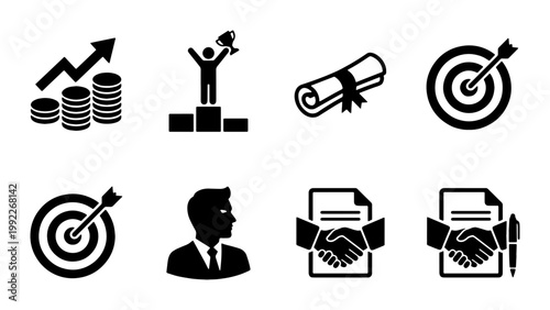 Business success icons set, professional achievement and growth vector symbols, corporate partnership and financial goal icons for presentations