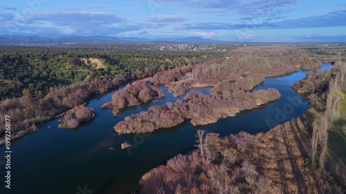 Aerial view from a drone of the Alberche River near the Cazalegas Reservoir, close to the town of Cazalegas. Province of Toledo. Castile-La Mancha. Spain. Europe
