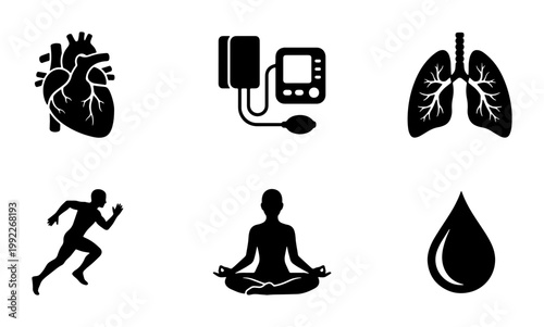 Medical and wellness icon set, black silhouette health symbols including heart and lungs, 6 vector elements for healthcare and fitness apps