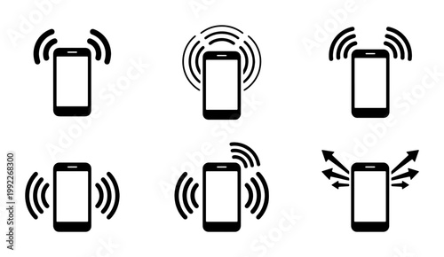 Smartphone vibration and ringing icons set, mobile phone signal and notification symbols, 6 black vector silhouettes for app interface and web design