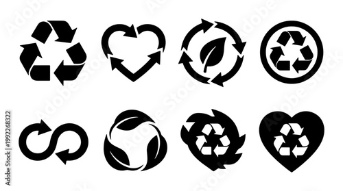 Eco-friendly recycling symbol set, 8 black vector icons for sustainability and waste management, organic leaf and heart shaped recycle signs