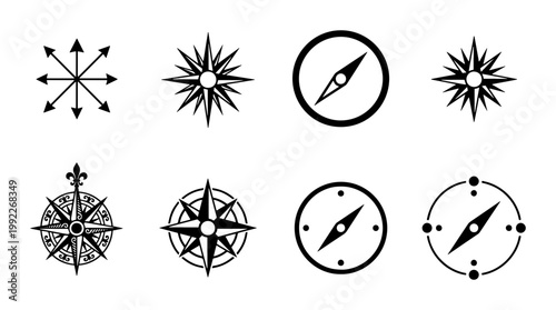 Nautical compass rose icons set, vintage wind rose and navigation symbols, 8 black vector map orientation elements for travel and adventure design