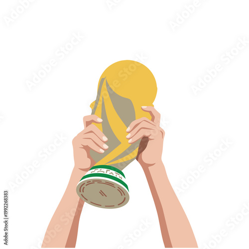 Minimalist flat illustration vector of a soccer player's hand lifting the World Cup trophy