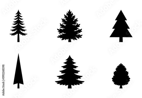 Pine tree silhouette collection, set of 6 evergreen conifer vector icons, black forest fir and spruce shapes on white background