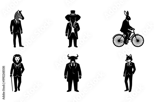 Vintage anthropomorphic animal characters in suits, set of 6 black and white vector silhouettes, surreal gentleman animal illustrations for branding