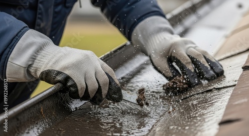 Person cleaning gutter removing debris repair and maintenance work concept