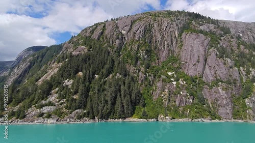 August 13, 2024 - Tracy Arm, USA - Scenic view of the Tracy Arm Fjord landscape with trees and mountains. Overview of the glacial environment in Alaska.