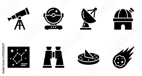Astronomy and space exploration icons set, 8 black solid vector symbols, telescope and observatory equipment, celestial observation tools for science education