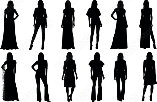 Set of female silhouettes standing in various poses wearing elegant dresses and casual outfits for fashion design vector illustration projects.