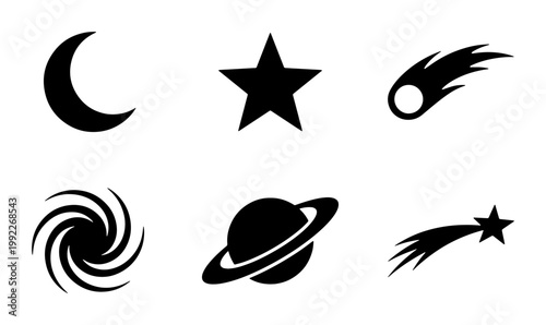 Minimalist space icons set, black celestial silhouettes of moon and stars, 6 vector astronomy elements including planet and comet for logo design