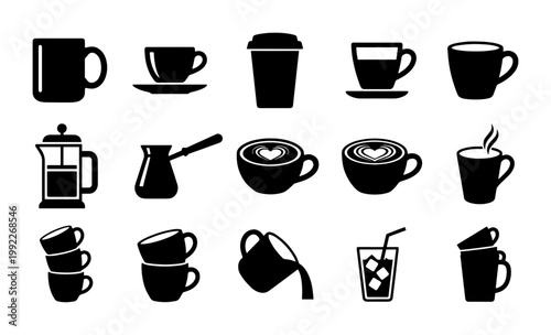 Minimalist coffee icon set, 15 black vector silhouettes of mugs and cups, cafe beverage symbols for menu design and branding
