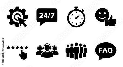 Customer service icon set with 8 black vector elements, technical support and 24/7 assistance symbols, business help desk and faq icons for web design