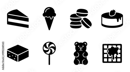 Minimalist dessert icon set, black solid sweet food symbols, collection of 8 bakery and confectionery vector elements for cafe menus and web design