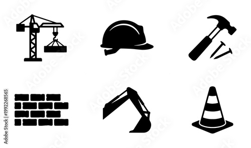 Construction icon set with 6 black vector symbols, industrial building equipment silhouettes, heavy machinery and contractor tools for civil engineering