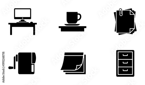 Minimalist office supplies icon set, black solid workspace symbols, collection of 6 business stationery vector elements for corporate branding