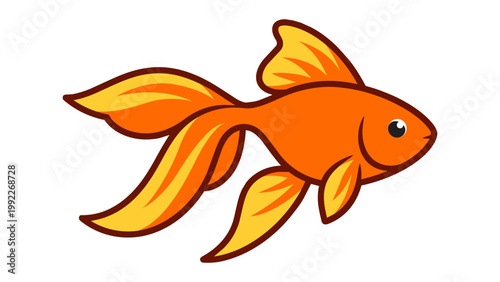 Goldfish vector illustration, a modern flat icon of a single orange fish with flowing fins and tail on a white background, scalable graphic for pet shop branding, aquatic themes, and nature design.