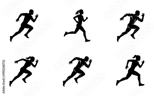 Running athlete silhouettes set, sprinting men and women vector icons, black athletic figures in motion, 6 sports person elements for fitness design
