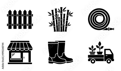Gardening and landscaping solid icons set, black silhouette garden equipment symbols, 6 vector elements for horticulture and backyard maintenance