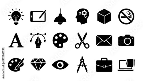 Minimalist graphic design icons set, black creative studio vector symbols, collection of 18 professional art and office tools for web and print UI