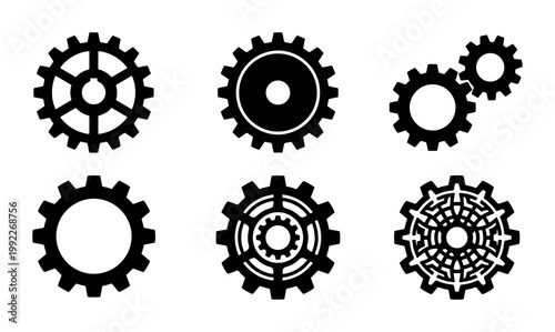 Industrial gear icons set, black mechanical cogwheel silhouettes, 6 vector engineering gears, machinery hardware elements for technical design