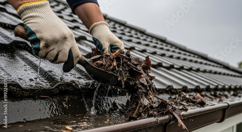 Person cleaning roof gutter with scoop removing leaves and debris for maintenance