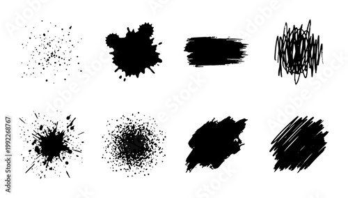 Grunge ink splatter collection, black paint brush strokes and spray textures, set of 8 hand drawn artistic splat and scribble vector elements
