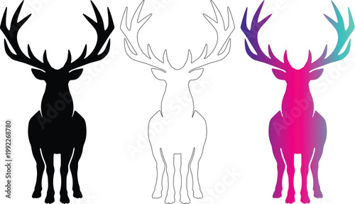 Deer Silhouette Set Antler Outline And Vibrant Colorful Gradient Wildlife Vector Graphics
