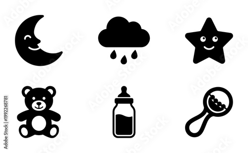 Baby nursery icon set, black silhouette infant toy symbols, 6 vector elements including teddy bear, moon, star, cloud, bottle, and rattle