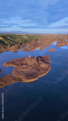 Aerial view from a drone of the Alberche River near the Cazalegas Reservoir, close to the town of Cazalegas. Province of Toledo. Castile-La Mancha. Spain. Europe