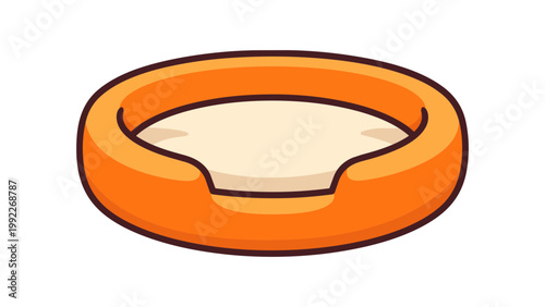 Modern flat vector icon illustration of a soft round orange pet bed with a cream cushion, designed for dogs and cats, isolated on white background for pet care and animal accessory graphics.