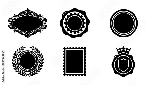 Vintage heraldic frames and black seal silhouettes, set of 6 vector labels, ornate decorative borders with laurel wreath and crown elements
