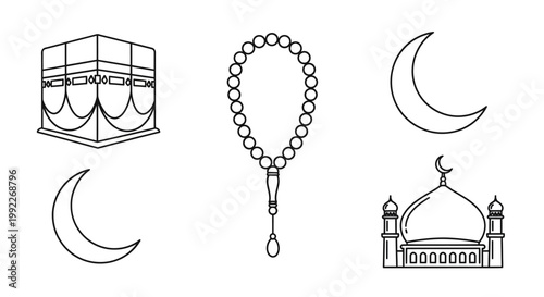 Islamic prayer beads and mosque icons.