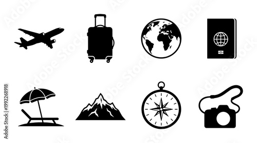 Travel and tourism icon set, black silhouette vacation symbols, 8 vector elements for trip planning, minimalist flight and holiday graphics