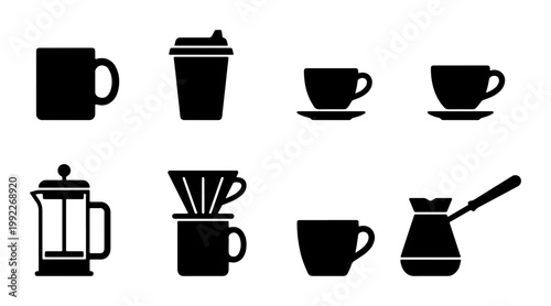 Minimalist coffee icon set, black silhouette coffee cups and brewing equipment, 8 vector elements for cafe menus and branding, flat drink icons