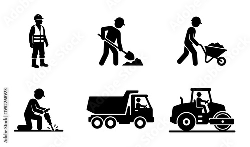 Construction worker silhouette icons, road work and building site labor set, industrial machinery and builder pictograms, 6 vector elements