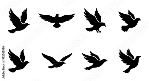 Flying bird silhouettes set, black pigeon and dove icons in flight, 8 vector bird elements for logo design and nature branding