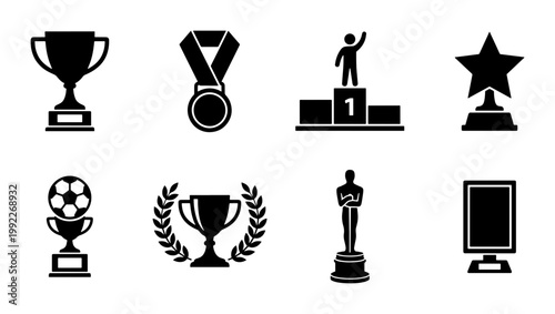 Award and trophy icon set, 8 black silhouette victory symbols, sports championship medals and winner podium vector elements for competition success