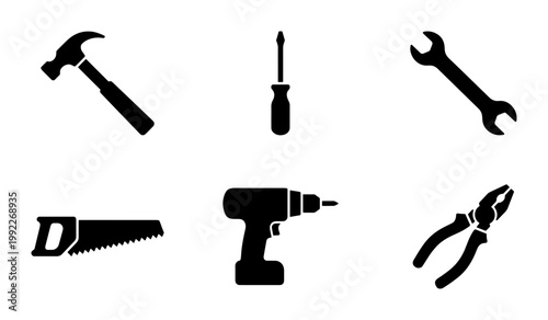 Industrial hand tools icon set, black silhouette hardware equipment, 6 construction tool vector elements for carpentry and home repair projects