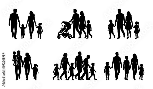 Family silhouettes collection, black human figures of parents and children walking, set of 6 diverse family groups with baby stroller and kids