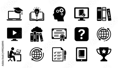 Online education icons set, 15 black e-learning vector symbols, digital school and distance learning elements for web design and apps