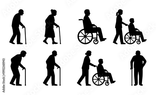 Elderly people silhouettes set, senior citizens with walking sticks and wheelchairs, disabled patients and caregivers vector icons for healthcare